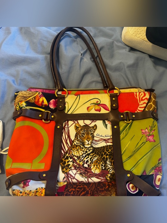 Salvatore Ferragamo Handbags - Salvatore Ferragamo Multicolor Leopard Panel Leather-Trim Tote